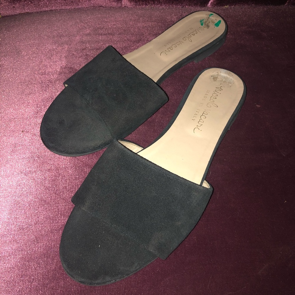 Black suede open toed flats